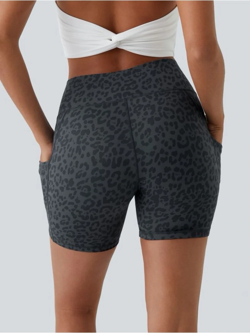 HALARA S NWT Dark Gray Blue Leopard Print High-Waist Pocket Biker Shorts